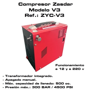 Compresor Eléctrico ZASDAR V3 a 12 v/220 v. PCP 300 BAR. Transformador incluido. Parada manual. - Imagen 1