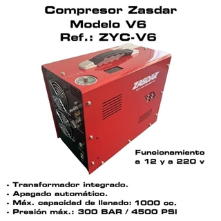 Compresor Eléctrico ZASDAR V6 con 1 PCP. 12 v/220 v. PCP 300 BAR. Transf. incluido. Parada auto. - Imagen 1